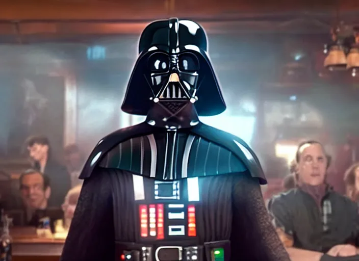 Image similar to film still of Darth Vader goes to a bar in the new Star Wars movie, 4k