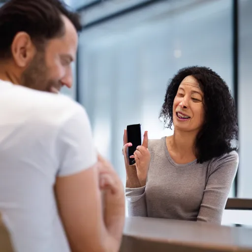 Image similar to man chuckling at his smartphone, woman sighing with frustration