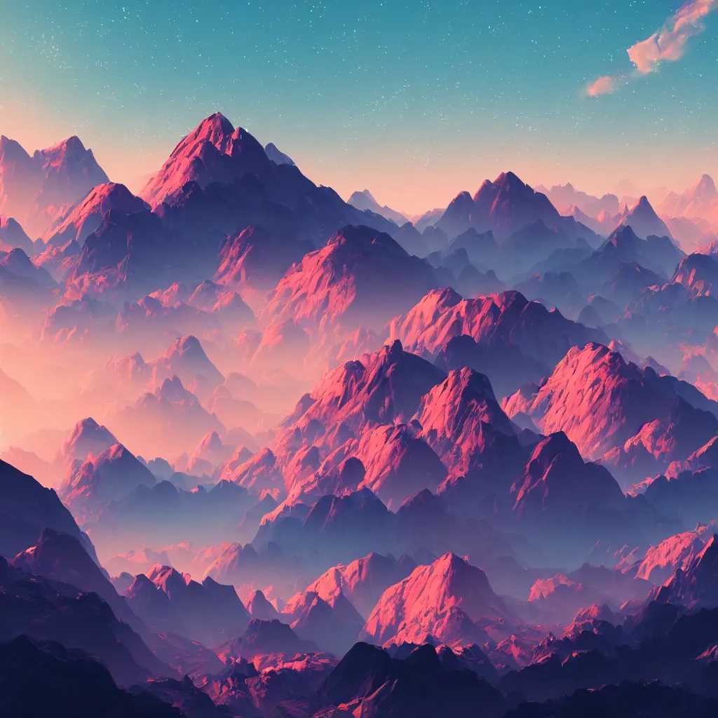 Prompt: a fantastic view of a mountain range landscape in the evening sunset, featured on artstation, makoto shinkai and beeple, cosmic color scheme