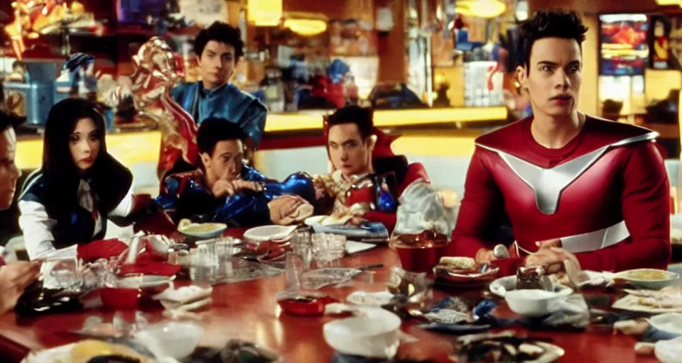 Prompt: Power Rangers film, a scene where the Power Ranger is eating alone in a diner, he is facing the table, dark tones.