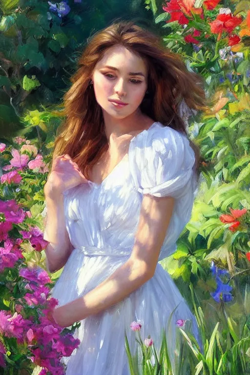 Image similar to portrait of a beautiful woman in the garden, morning, highly detailed, ultrarealistic oil painting, vladimir volegov, artstation