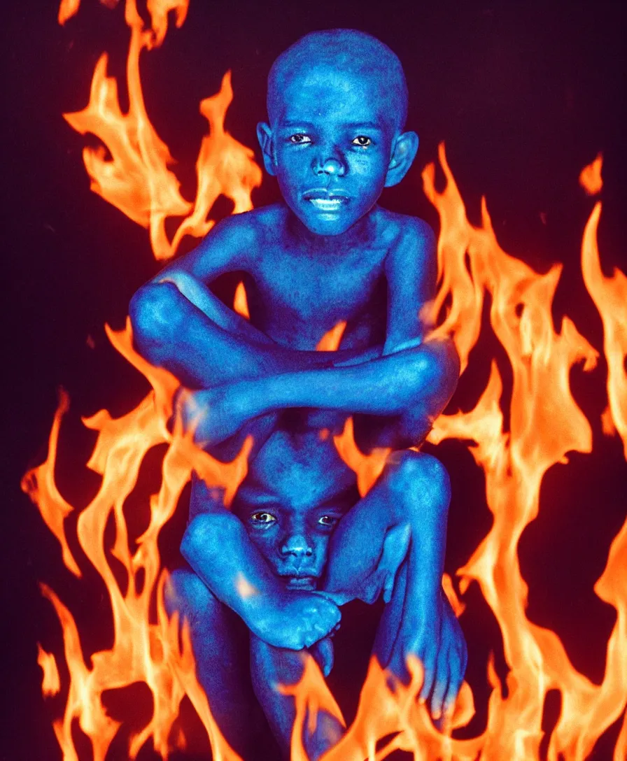 Prompt: a realistic photograph of a black boy left all alone in blue demon flames, sitting in the middle of iridescent fungal, extremely detailed, 8 k