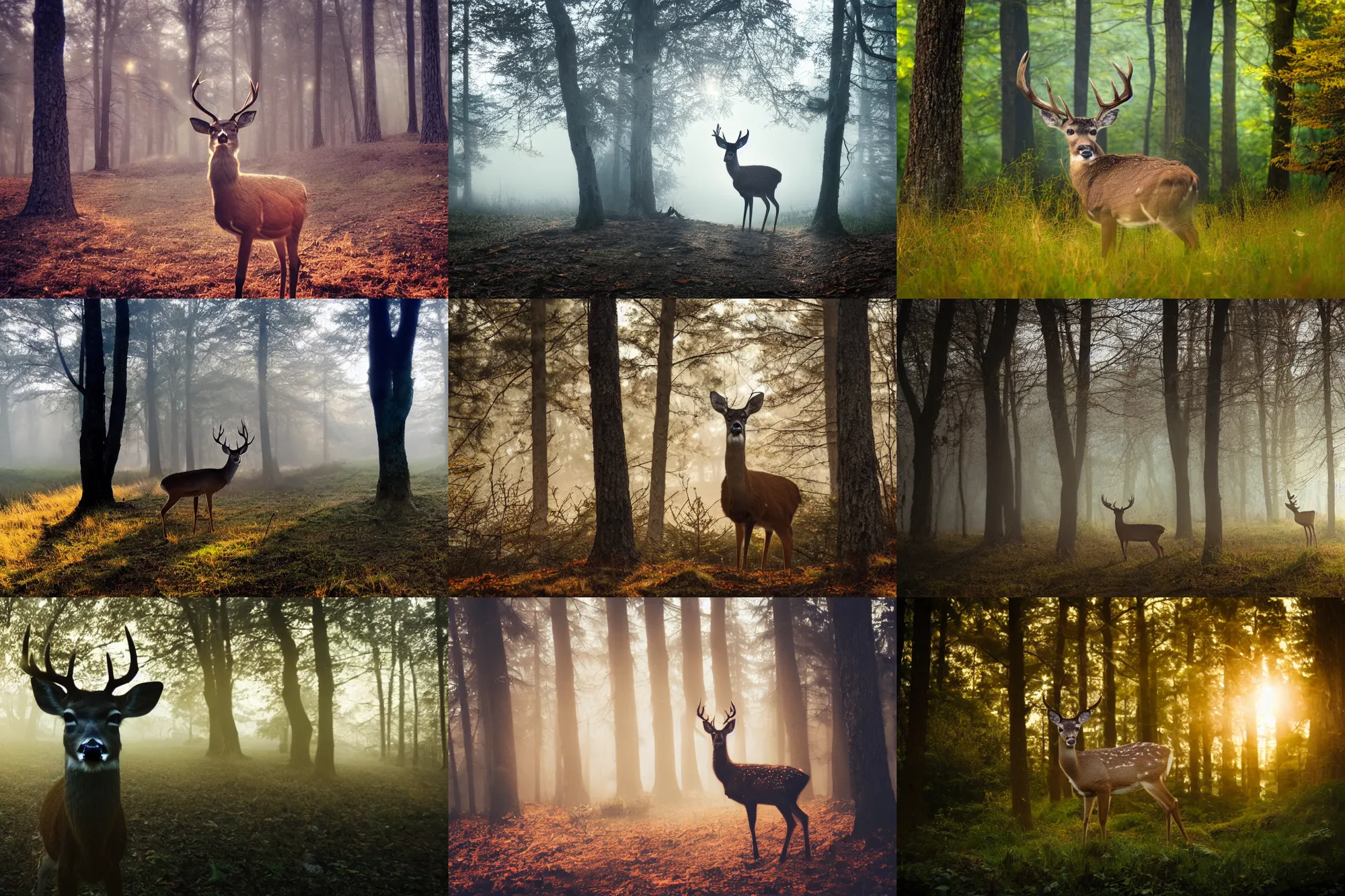 Prompt: deer portrait, facing camera, glowing eyes, landscape, misty forest scene, sun through the trees