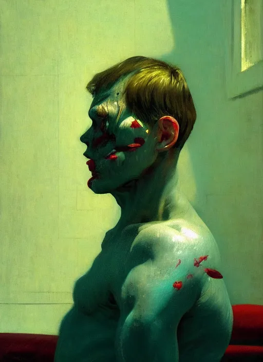 Image similar to he dreams of all the battles won, but fate had left its scars upon his face, depth of field, hauntingly surreal, highly detailed oil painting, by francis bacon, edward hopper, adrian ghenie, glenn brown, soft light, 8 k hd, cinematic composition, cinematic lighting in red, green and blue colours