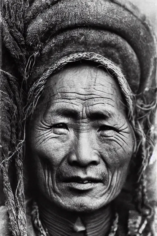 Prompt: ultra realistic vintage photo portrait of a tibetan man with a deep hole in forehead, by Annie Leibovitz,