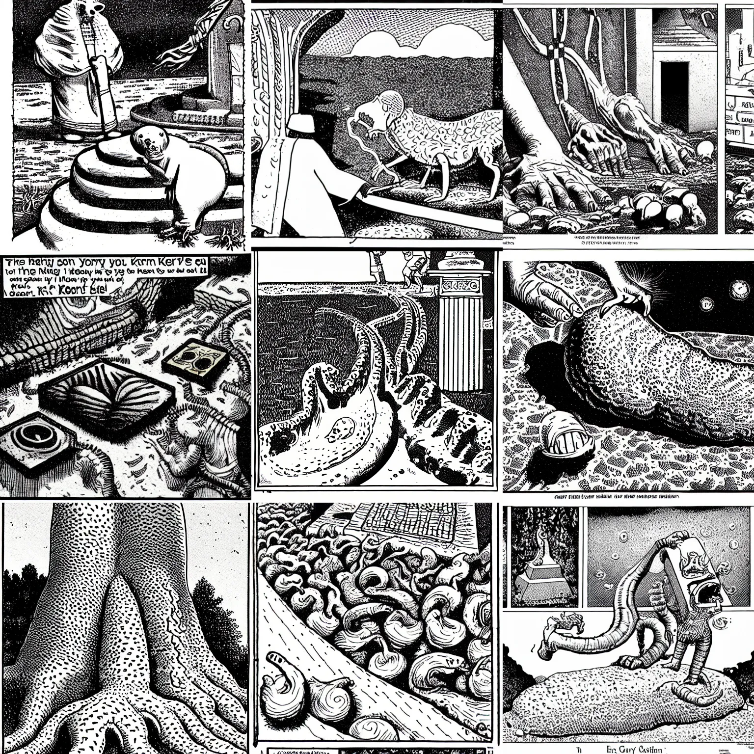 Prompt: digging up da sorry knish plinth replicas of the eternal worm where lord's sending hail and doesn't want you no more, b + w screentone artwork by gary larson