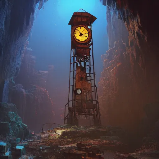 Prompt: an abandoned old rusty clocktower in a dark enormous cave, Low level, rendered by Beeple, Makoto Shinkai, syd meade, simon stålenhag, synthwave style, digital art, unreal engine, WLOP, trending on artstation, 4K UHD image, octane render