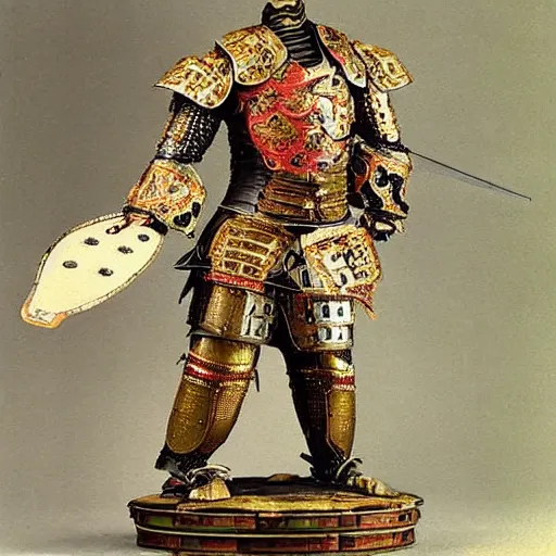 Image similar to “tyrannosaurus rex in full ornate samurai armour, 1900’s photo”