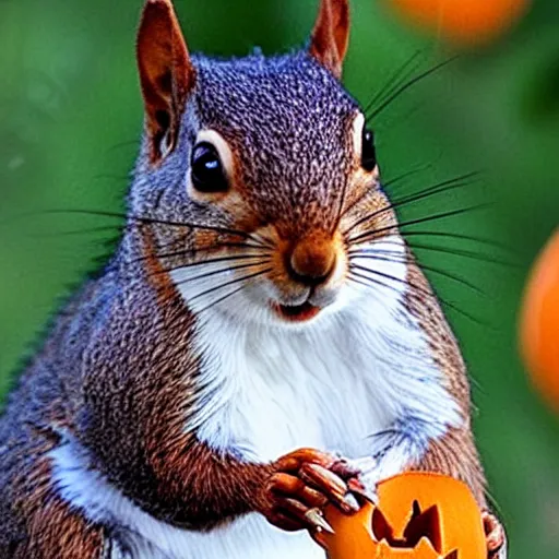 Prompt: squirrel with pumpkin head