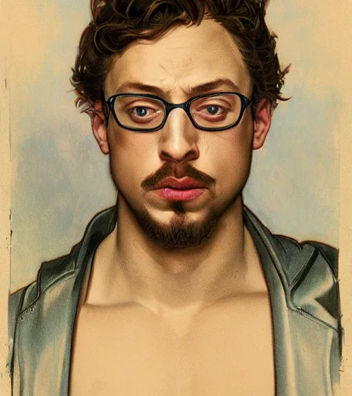 Image similar to Gigachad Sam Hyde wearing a high-end suit, boxing stance, wearing candy cane theme boxing gloves, sigma male, accurately portrayed, portrait art by alphonse mucha and greg rutkowski, highly detailed, digital painting, concept art, illustration, dim lighting with twilight rays of sunlight, trending on artstation, very detailed, smooth, sharp focus, octane render, close up