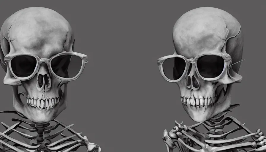 Prompt: Digital art of a skeleton with sunglasses, hyperdetailed, artstation, cgsociety, 8k