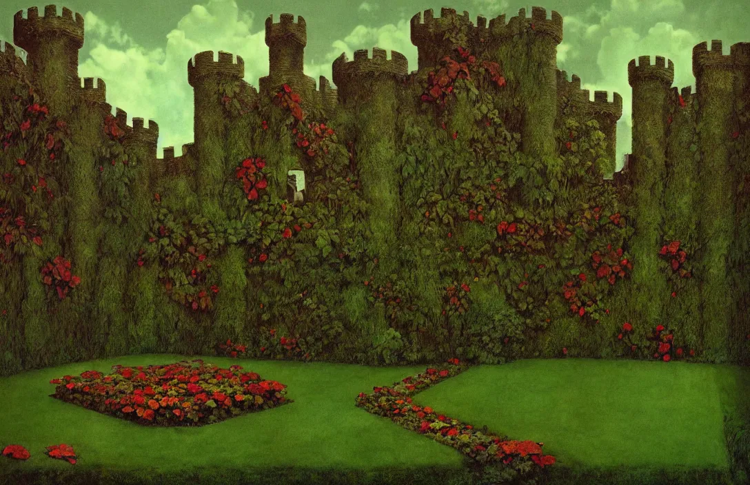 Prompt: sequestered corner of a garden within a castle walls painting by roger dean intact flawless ambrotype from 4 k criterion collection remastered cinematography gory horror film, ominous lighting, evil theme wow photo realistic postprocessing macrolens this work is the centre panel of an altarpiece photograph by robert adams