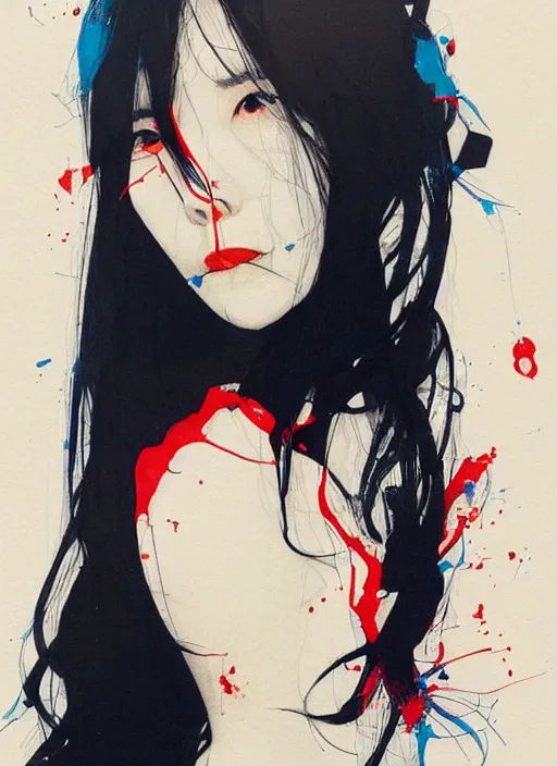 Prompt: Lee Jin-Eun by Conrad Roset and Nicola Samuri, rule of thirds, seductive look, beautiful, masterpiece, refined, blood and royal blue accent