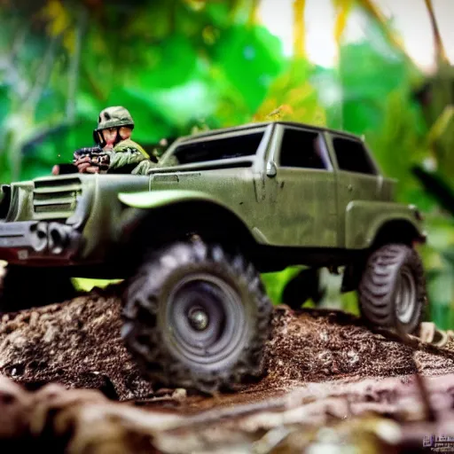 Prompt: 3 5 mm photo of militar car like hot wheels model in jungle as background, on an very epic cinematic