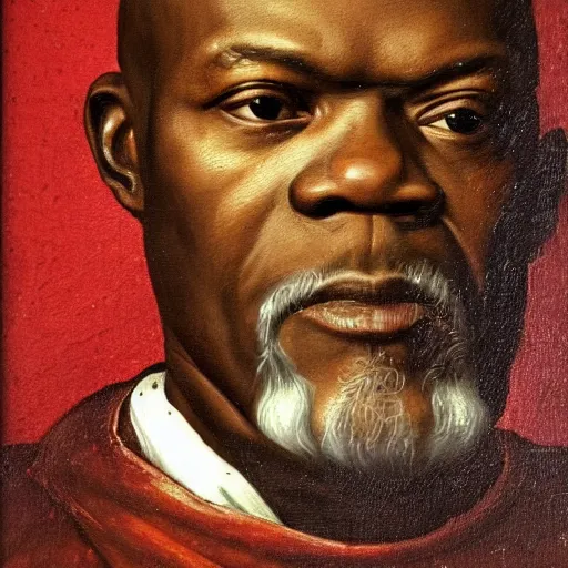 Image similar to a renaissance style portrait painting of Samuel L. Jackson