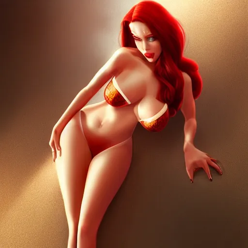 Image similar to ! dream jessica rabbit in a bikini, digital art, pretty face, very beautiful face, very detailed eyes, 8 k resolution, by wlop, greg rutkowski, full body