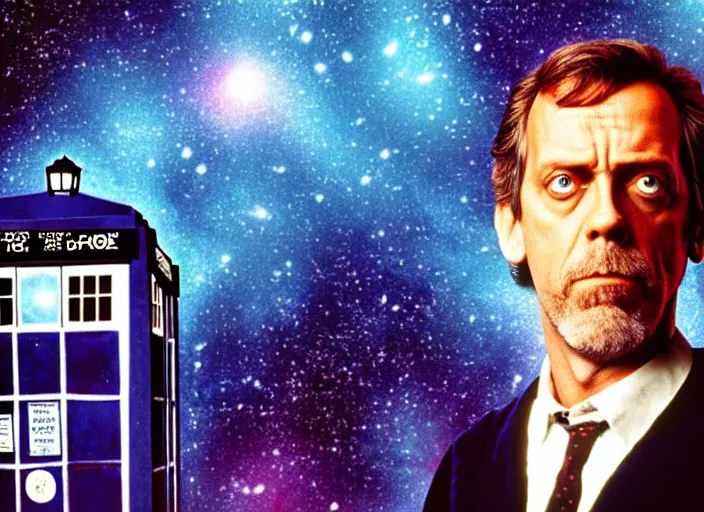 Prompt: product photo still of vhs cover of hugh laurie as doctor who in front of a nebula through the open door of the tardis on a vhs box