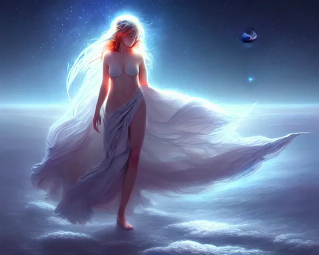 Prompt: a lone beautiful ethereal spirit running along the shimmering crystalline shores of eternity, universe and planets and stars in the sky, unusual surreal, gorgeous artwork by artgerm, rutkowski, wlop, detailed, dramatic lighting