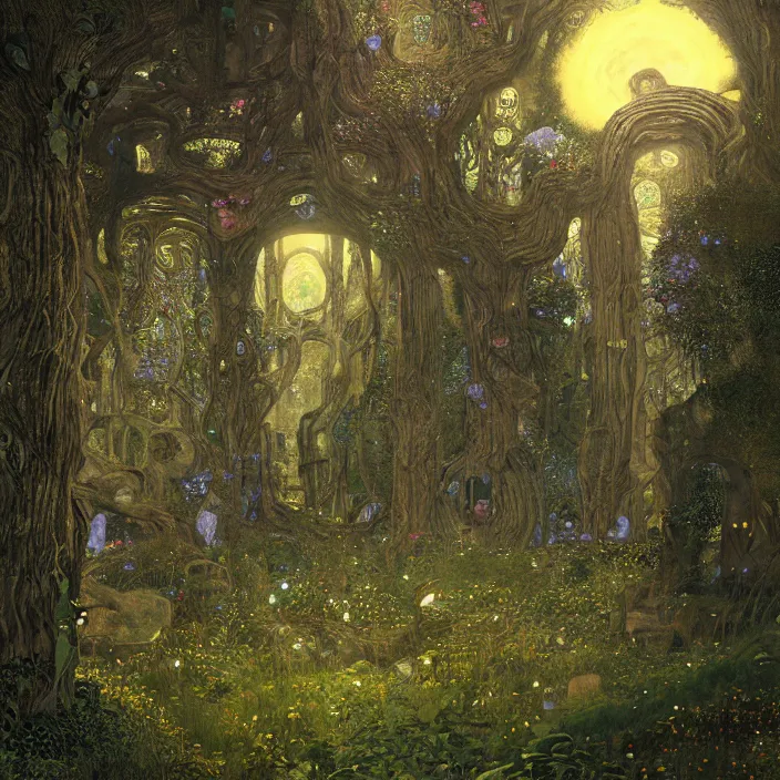 Prompt: ancient overgrown! ruins, medieval gates, runestones, mysetrious etherial mesmerizing runic!! cat eyes, magical elven geometry, concept art by gustav klimt!, deviantart contest winner, environmental art, fairy circle, grand landscape art by greg rutkowski, lit by moonlight, high detail, intricate masterpiece