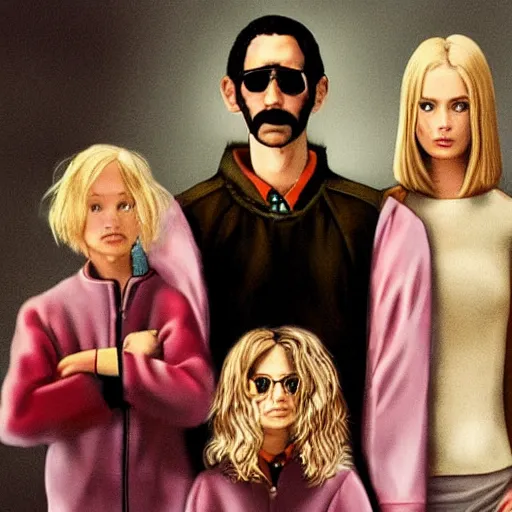 Image similar to the royal tenenbaums in a cyberpunk future, photorealistic, detailed, family portrait