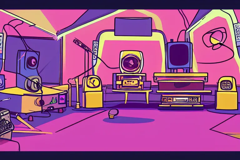 Image similar to radio station in steven universe video game art style, hiphop, hick outlines, color vector art, artstation, intricate details, illustration, 4 5 degree camera angle