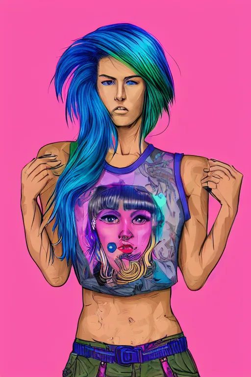 Image similar to a award winning half body portrait of a beautiful woman with stunning eyes in a printed croptop and cargo pants with rainbow colored ombre hairstyle head in motion and hair flying by josan gonzales, outrun, vaporware, shaded flat illustration, digital art, trending on artstation, highly detailed, fine detail, intricate