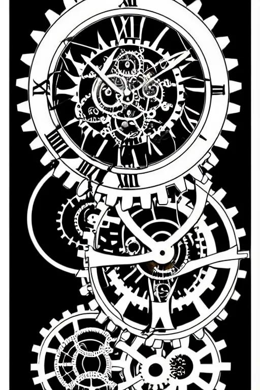 Prompt: hyper realistic steampunk gears and clock with tourbillon, no numbers, white background, dark and gothic, full frame, art by james o barr and albrecht durer, surreal woodblock print, black and white, vector, vector art