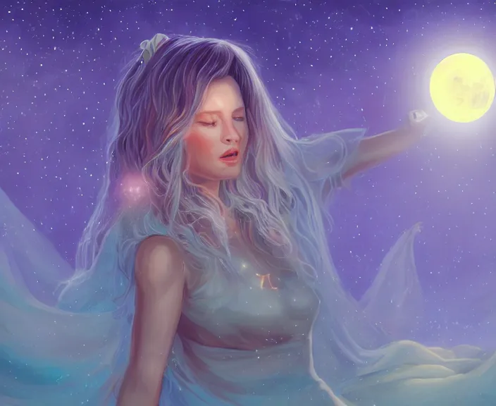 Image similar to an illustration of the spiritual goddess of essential oils, with starry dusted light and a moon, high contrast, highly detailed, sharp focus, digital painting, illustration, trending on artstation,