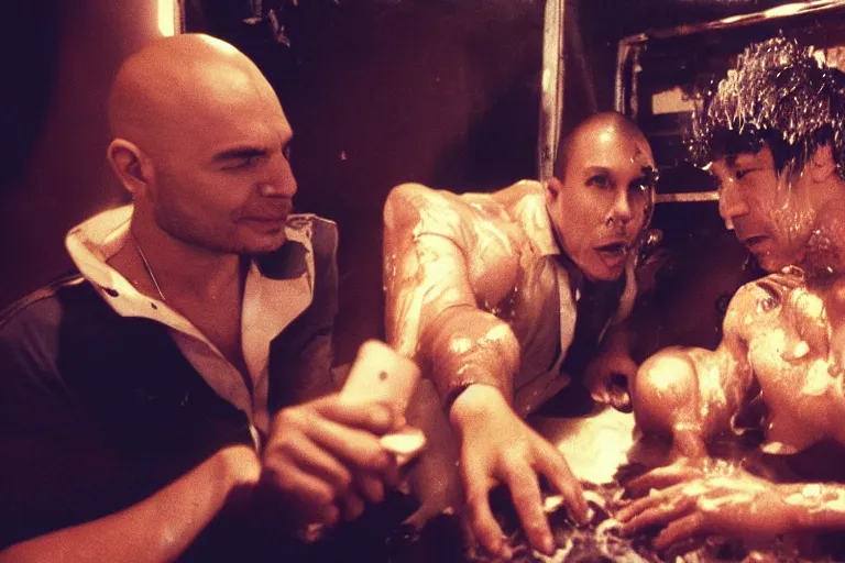 Image similar to pitbull taking a selfie with a fan while trapped in a pinball machine, submerged in goo, in 1 9 8 5, y 2 k cybercore, industrial low - light photography, still from a kiyoshi kurosawa movie