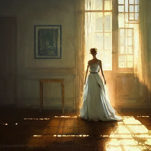 Image similar to A woman in a wedding dress, house interior, golden hour, by Greg Rutkowski