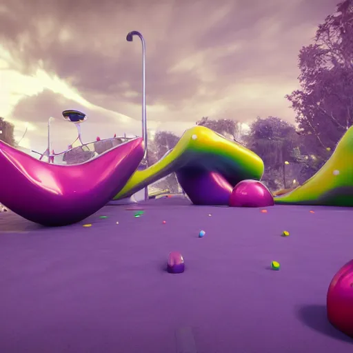 Image similar to : hyperbolic playground with soft glossy shapes bifrost colors 8k render unrealengine cgsociety