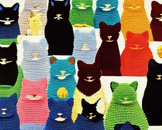 Image similar to cut and paste collage, multicolored crocheted cats by rene magritte