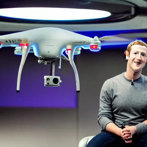 Image similar to mark Zuckerberg piloting an advanced drone from a sci-fi control deck. Glowing lights.