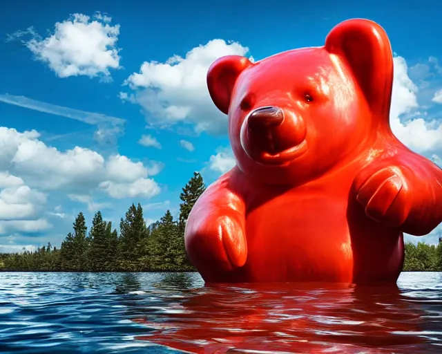Image similar to a giant sculpture of a giant gummy bear on the water, award winning, hyper - realistic, very detailed, realistic water, ray tracing, 8 k resolution, long - shot, sharp focus, low angle, 8 5 mm photograph, wide lens