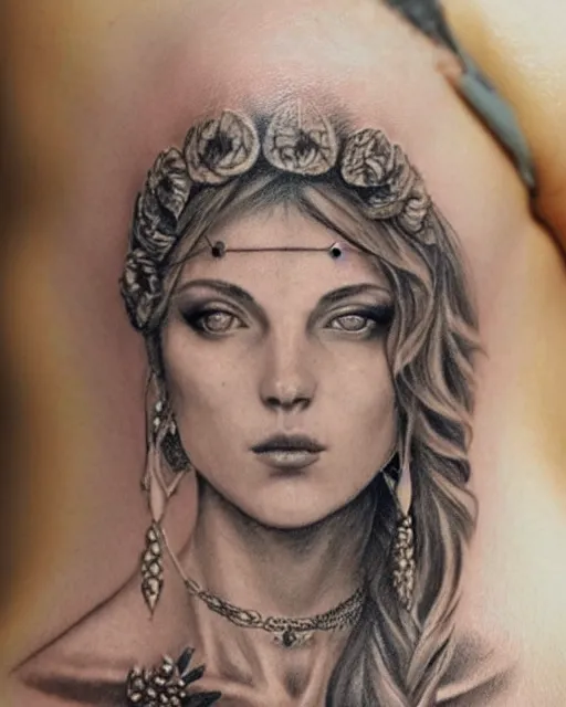 Image similar to realism tattoo sketch of a beautiful greek goddess aphrodite with piercing eyes wearing a laurel wreath and triangle earrings, in the style of greg rutkowski, amazing detail