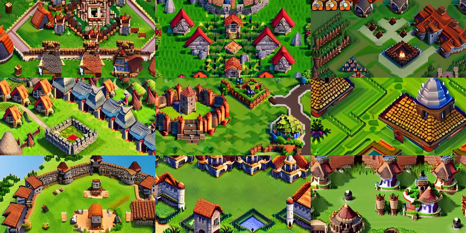 Prompt: aerial view of medieval village on island in the style of clash of clans