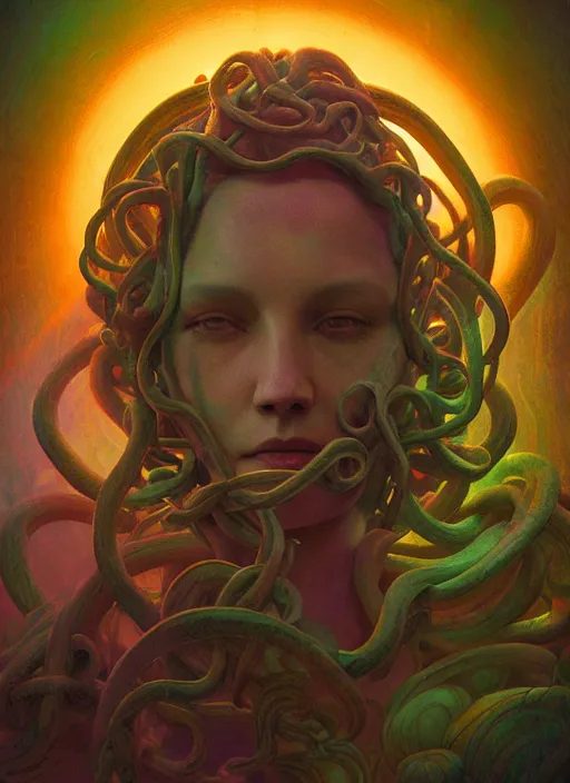 Prompt: medusa made of soft wax, wooden art nouveau swirls, strong subsurface scattering, cables, tubes, subsurface scattering, in the style of ruan jia and beeple and giger, subsurface scattering, mystical colors, rim light, dramatic lighting, 8 k, stunning scene, raytracing, octane render, trending on artstation