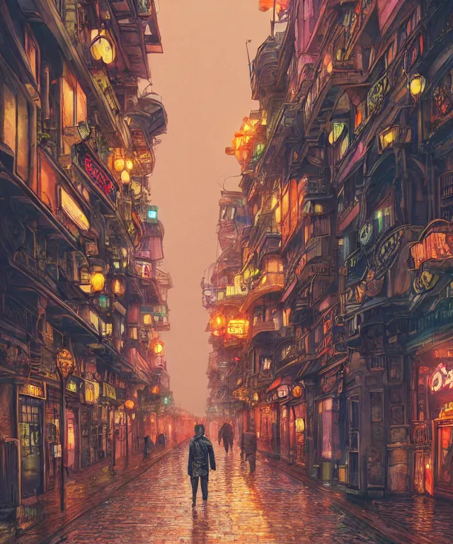 Prompt: insane perspective of colorful street vue from steampunk tokyo prague, intricate details, realistic shaded , humid ground, highly detailed, artstation, painting by François Schuiten and moebius, disney fantasy style, people and creatures walking, volumetric light, neon lights, rainy mood