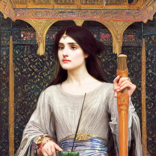 Image similar to orientalist portrait of a tired!! witch in formal wear holding an iridescent oak magic wand intricate portrait by john william waterhouse and Edwin Longsden Long and Theodore Ralli and Henryk Siemiradzki, very coherent symmetrical artwork. Cinematic, hyper realism, high detail 8k