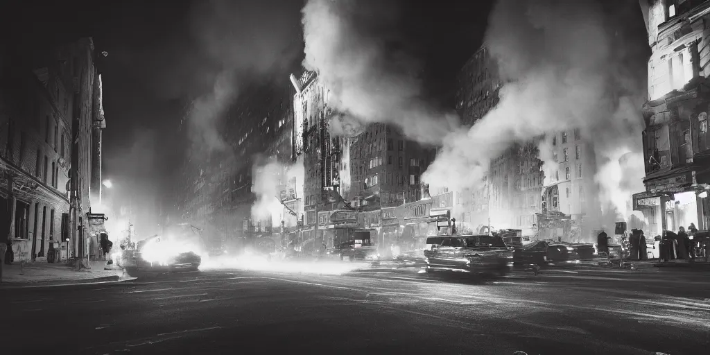 Image similar to high resolution photo of a new york street at night with an old church on fire surrounded with smoke and cars with bright headlights by robert capa, realistic photo, leica, cinematic lighting, magnum award winning photograph, parallax photography,