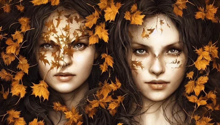 Image similar to golden leaves at frame border, creative!!! composition for a book cover!!!, absurdly beautiful, ultrafine hyperrealistic detailed old witch face by wlop and artgerm and greg rutkowski, intricate linework, sharp focus, smooth, octopath traveler, final fantasy, unreal engine, dramatic lighting, ethereal, 8 k