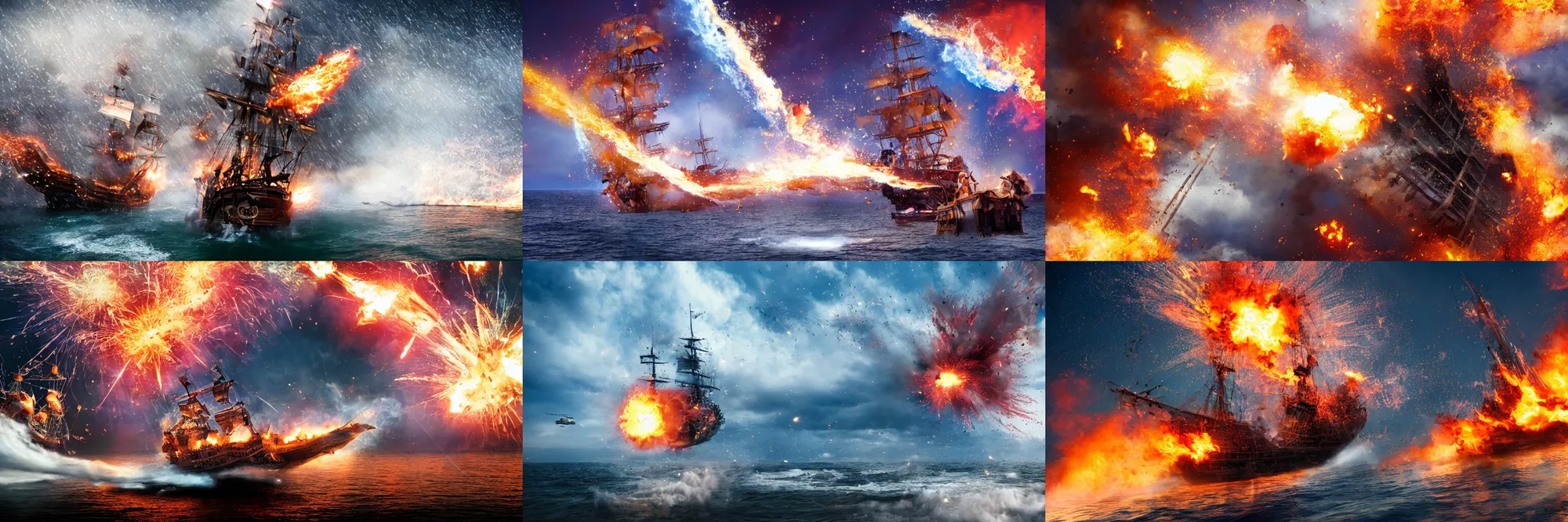 Prompt: action photography of a pirate ship that explodes, a man jumps off the ship just in time, fast shutter speed, high speed, VFX particle simulation, action photo, 1/1000 sec shutter