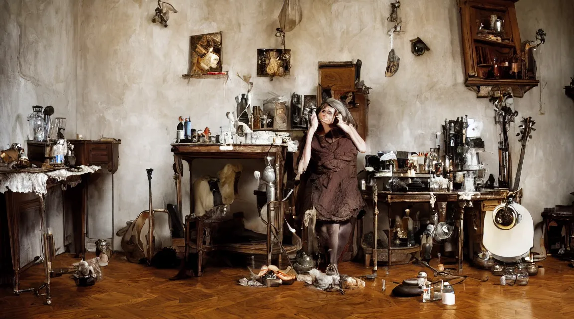 Image similar to full body protrait beautifull witch with white hair in old room. A cristal ball on a wood table with a potions and old instruments. A cat on the floor licking his paw. photorealistic, profesional photo, by Steve McCurry