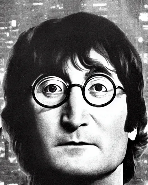 Image similar to john lennon looking out his nyc apartment window to see a ufo slowly flying by, the ufo is a round object, black or grey in the middle with blinking white lights wrapped around it and a red light on top. photorealistic, hyperreal, in the style of the x - files,