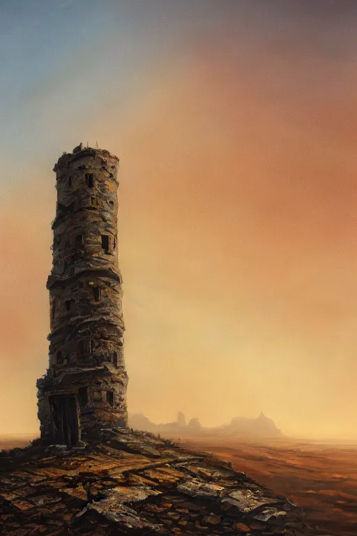 Image similar to an oil painting of an old decaying tower in the middle of a vast desert, fantasy, hyper realistic, atmospheric lighting, 8k,