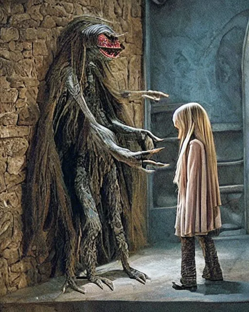 Image similar to a girl gelfling is afraid of the alchemist skeksi from the movie the dark crystal in a creepy room