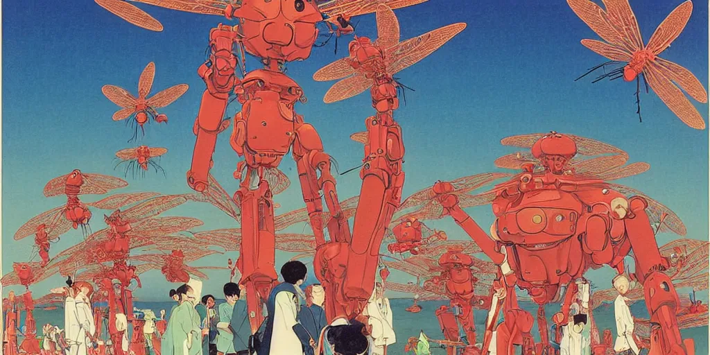 Image similar to gigantic dragonflies with human faces catch tiny robots, a lot of exotic mechas robots around, human heads everywhere, risograph by kawase hasui, edward hopper, satoshi kon and moebius, no text!, colorful flat surreal design, super - detailed, a lot of tiny details, fullshot