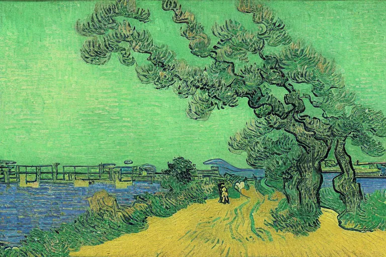Image similar to japanese scenery in edo period, by vincent van gogh, high saturation, green color scheme