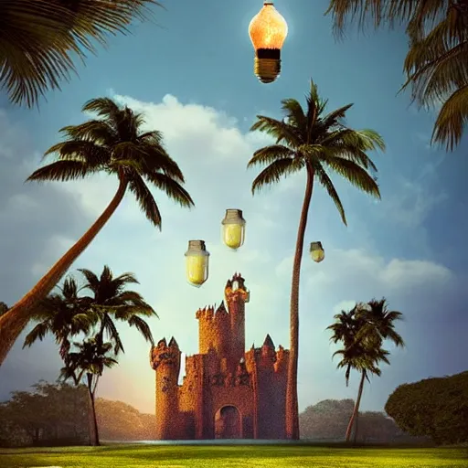 Image similar to a castle surrounded by giant palm trees on a giant floating island in the sky, giant light bulb glowing in the sky, cinematic, digital art by erik johansson, 8 k resolution, hyper detailed, sharp focus