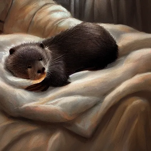 Prompt: a cute otter sleeping with blankets. soft, atmospheric, warm lighting. highly detailed digital painting by mandy jurgens.